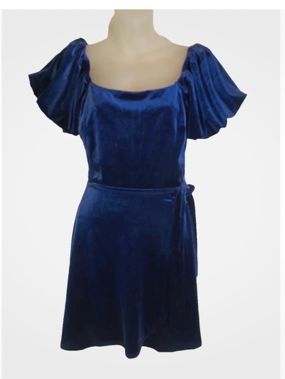 Trixxi Blue Faux Velvet Puff-Sleeve Wrap Dress